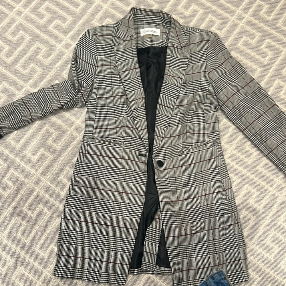 CALVIN KLEIN long plaid blazer size 2